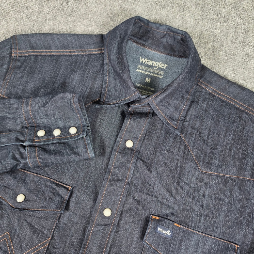 Wrangler Western Shirt Mens M Blue Denim Advanced Comfort Pearl Snap MACW01D